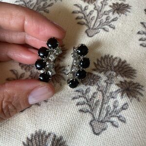 Vintage  clip on earrings, black and clear crystals